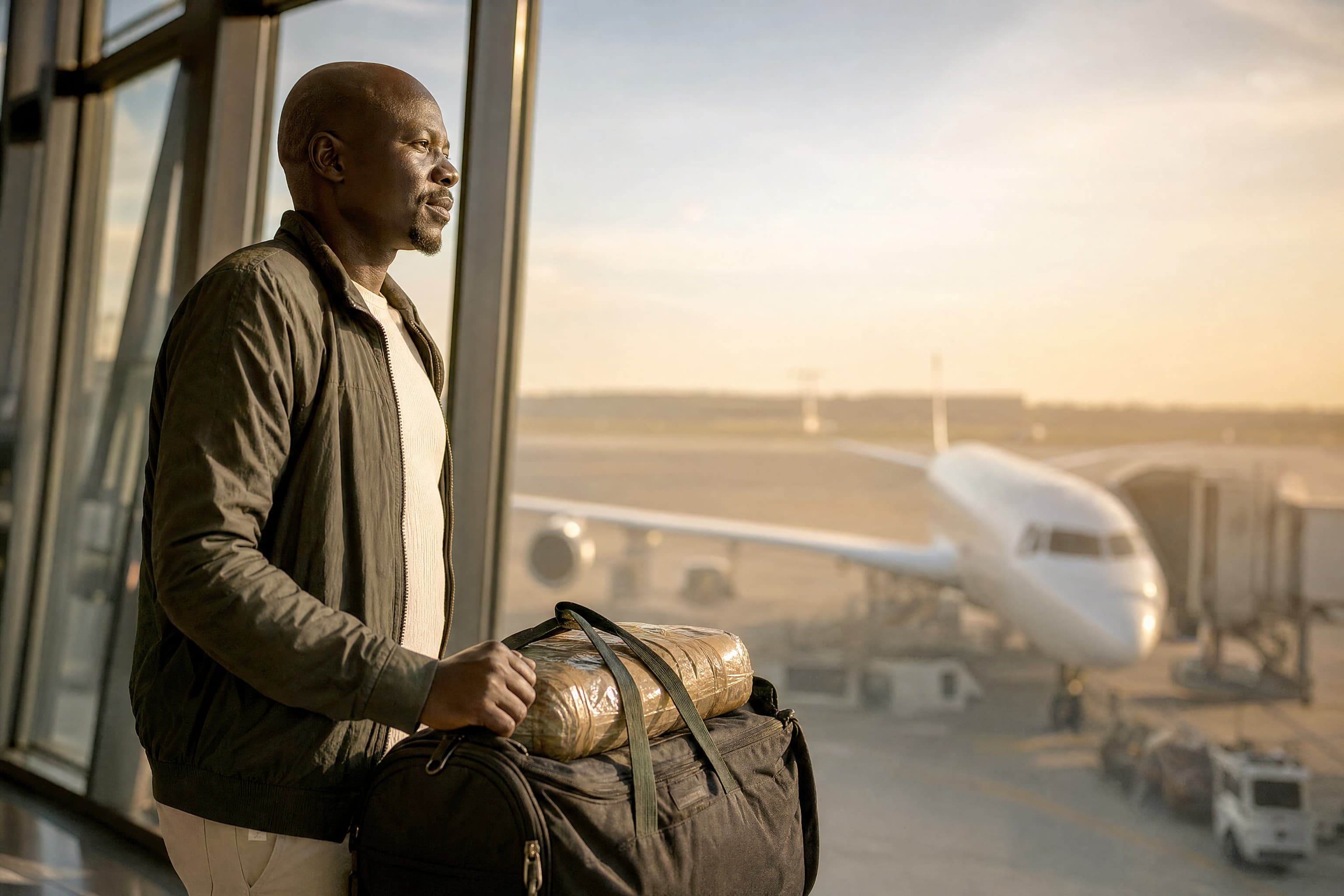 A traveler at an airport departure gate with a wrapped package secured to their travel bag, about to carry it on their journey